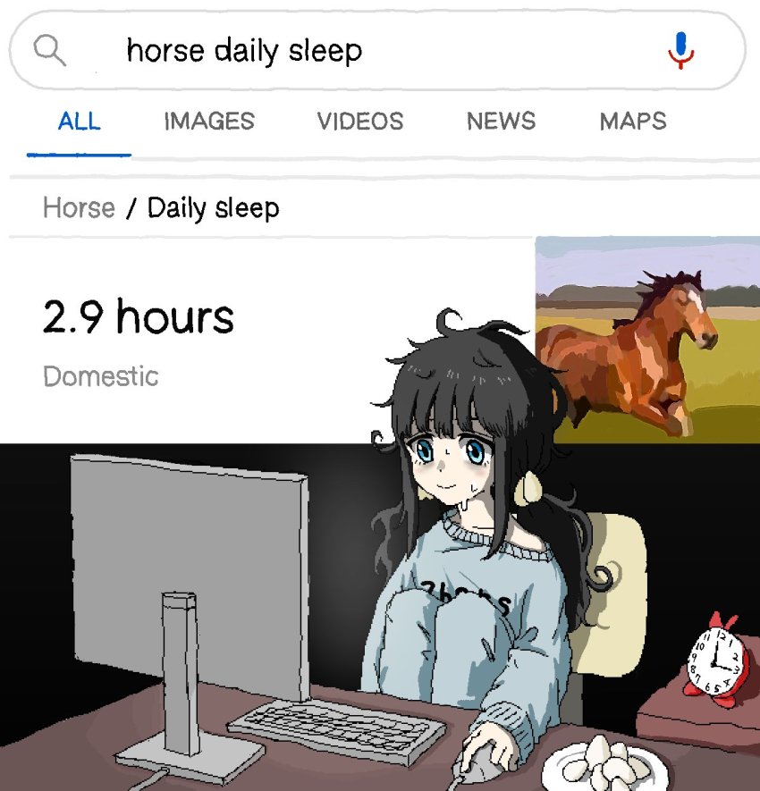 1girl aiu404l black_hair blue_eyes clock collarbone computer_keyboard computer_mouse egg_(aiu404l) english_text google highres horse long_hair long_sleeves looking_at_screen messy_hair monitor off_shoulder original plate search_bar sitting solo sweat