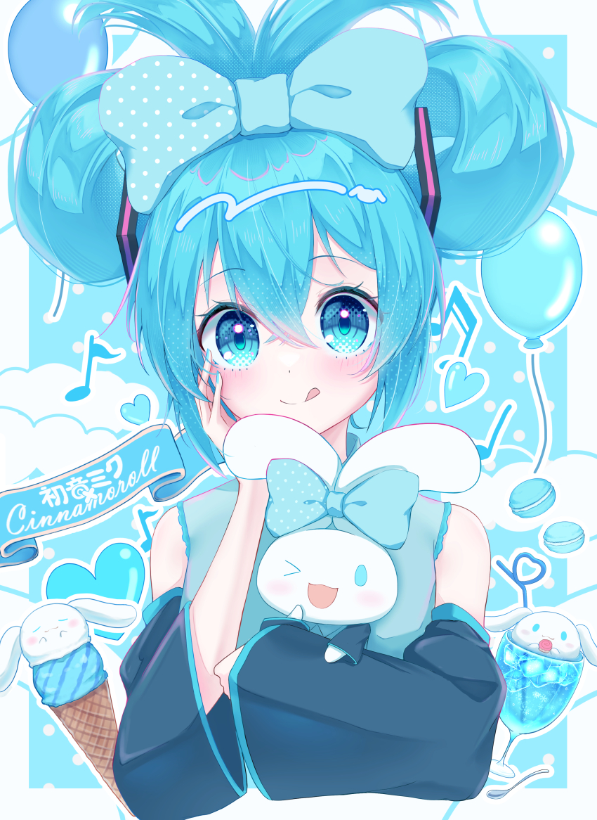 1girl absurdres aqua_bow aqua_eyes aqua_hair aqua_nails balloon bare_shoulders black_sleeves blue_background blue_bow blue_eyes blush bow character_name cinnamiku cinnamon_roll cinnamoroll detached_sleeves food fuwa_fuwa_cinnamoroll hair_between_eyes hair_bow hands_on_own_face hatsune_miku heart highres ice_cream looking_at_viewer macaron matching_outfits miku_day musical_note sanrio shirt simple_background sleeveless sleeveless_shirt smile solo tama_sera279 tied_ears updo upper_body vocaloid