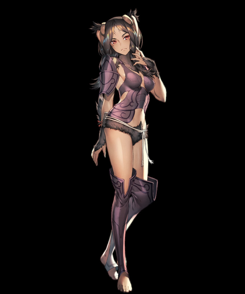 1girl animal_ears armor braid brown_hair chyko dark-skinned_female dark_skin facial_mark female_focus fire_emblem fire_emblem_awakening fire_emblem_heroes full_body highres long_hair nintendo official_art panne_(fire_emblem) pouch rabbit_ears rabbit_girl rabbit_tail red_eyes solo standing taguel tail toeless_legwear transparent_background twin_braids