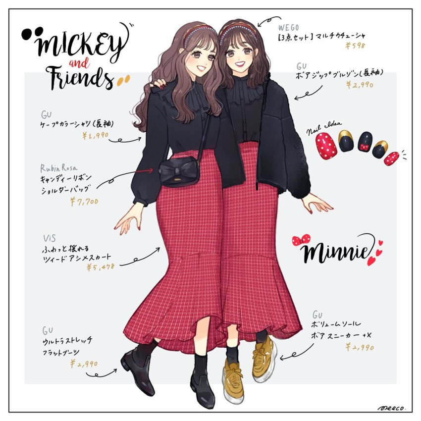 2girls bag brown_eyes brown_hair character_name copyright_name duplicate frills hairband happy humanization long_hair looking_at_viewer meecosme mickey_mouse_&amp;_friends minnie_mouse multiple_girls nail_polish red_skirt shirt shoes skirt smile socks wavy_hair