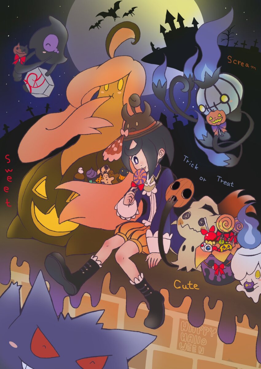 1boy allister_(fall_2022)_(pokemon) allister_(pokemon) black_footwear black_hair boots brown_headwear candy chandelure cross english_text food galarian_form galarian_yamask gen_1_pokemon gen_5_pokemon gen_6_pokemon gen_7_pokemon gen_8_pokemon gengar golbat gourgeist highres holding holding_candy holding_food holding_lollipop litwick lollipop male_focus mask mimikyu mole mole_under_mouth moon moshi2hitomoshi night night_sky nintendo official_alternate_costume pokemon pokemon_(creature) pokemon_masters_ex purple_eyes sky solid_oval_eyes star_(sky) tongue tongue_out unworn_mask zubat
