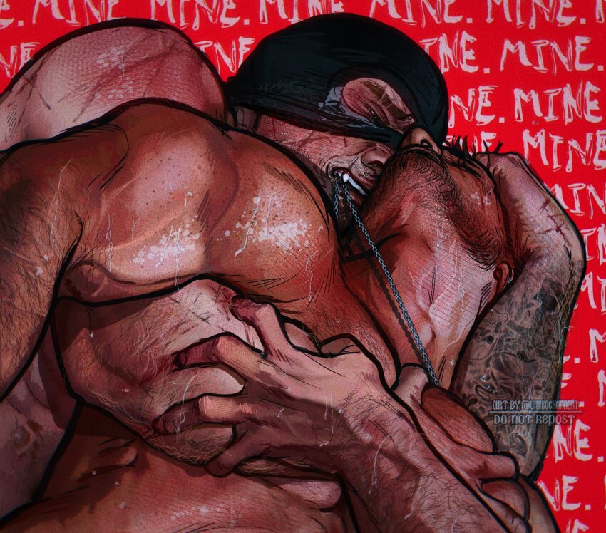 2boys arm_tattoo bara black_hair call_of_duty call_of_duty:_modern_warfare_2 completely_nude facial_hair ghost_(modern_warfare_2) highres implied_sex jewelry large_pectorals male_focus mask mask_lift multiple_boys muscular muscular_male necklace nude pectorals short_hair soap_(modern_warfare_2) tattoo teeth twitter_username umikochannart yaoi