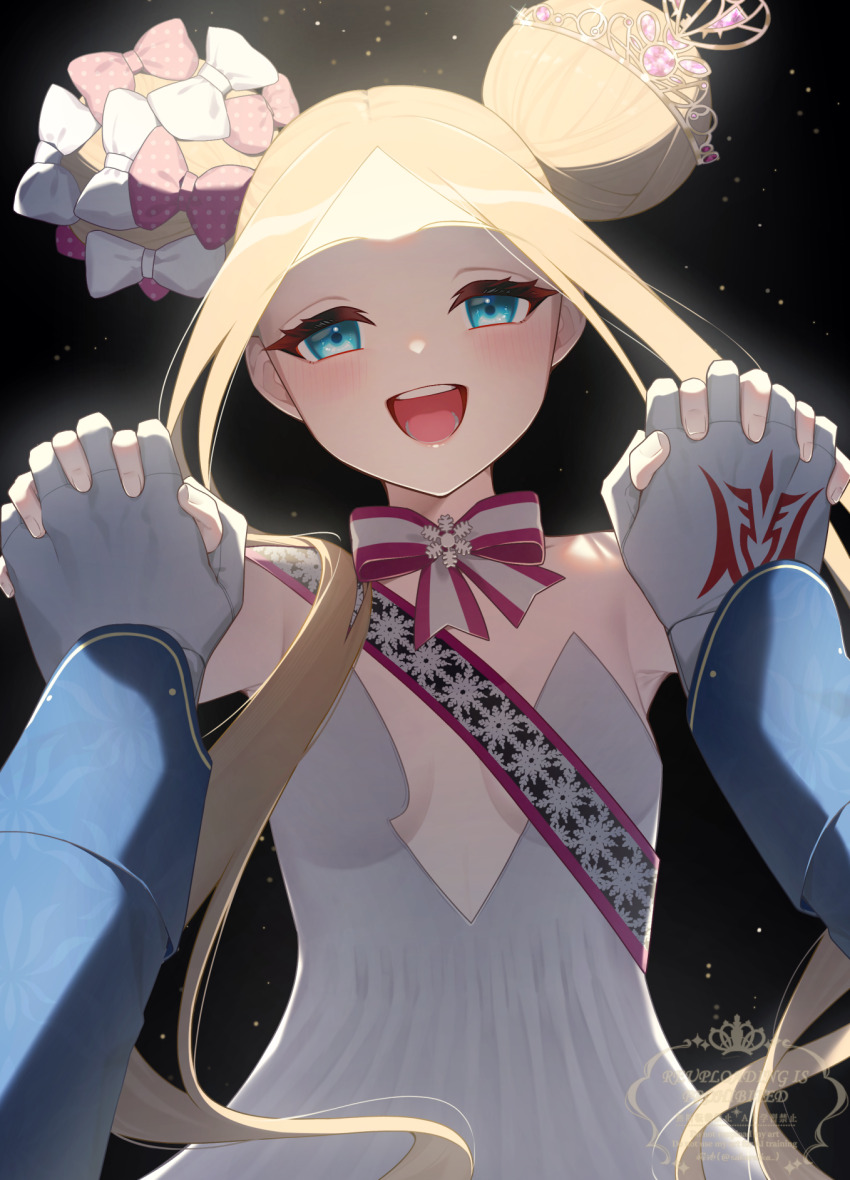 1boy 1girl abigail_williams_(fate) abigail_williams_(santa)_(fate) bare_shoulders blonde_hair blue_eyes blue_jacket blush bow breasts command_spell double_bun dress fate/grand_order fate_(series) forehead fujimaru_ritsuka_(male) fujimaru_ritsuka_(male)_(halloween_royalty) gloves hair_bow hair_bun highres jacket long_hair looking_at_viewer open_mouth parted_bangs red_bow sakuraike sash sidelocks small_breasts smile tiara very_long_hair white_bow white_dress white_gloves
