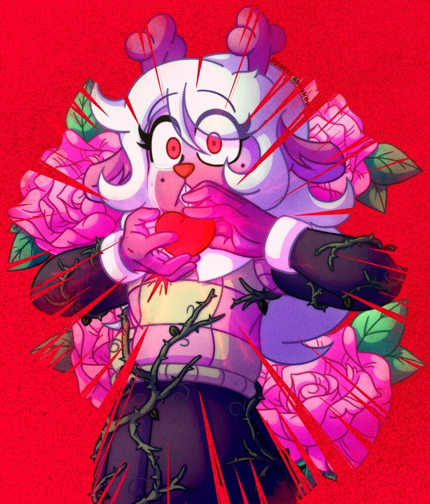 1girl animal_ears antlers black_shirt black_skirt checkered_sweater_vest commentary deer_antlers deer_ears deer_girl deltarune english_commentary flower furry furry_female heart highres horns long_sleeves noelle_holiday pink_flower pink_rose red_background red_eyes rose shirt skirt solo soul_(deltarune) spacepancakes utdr_(toby_fox) weird_route_(deltarune)