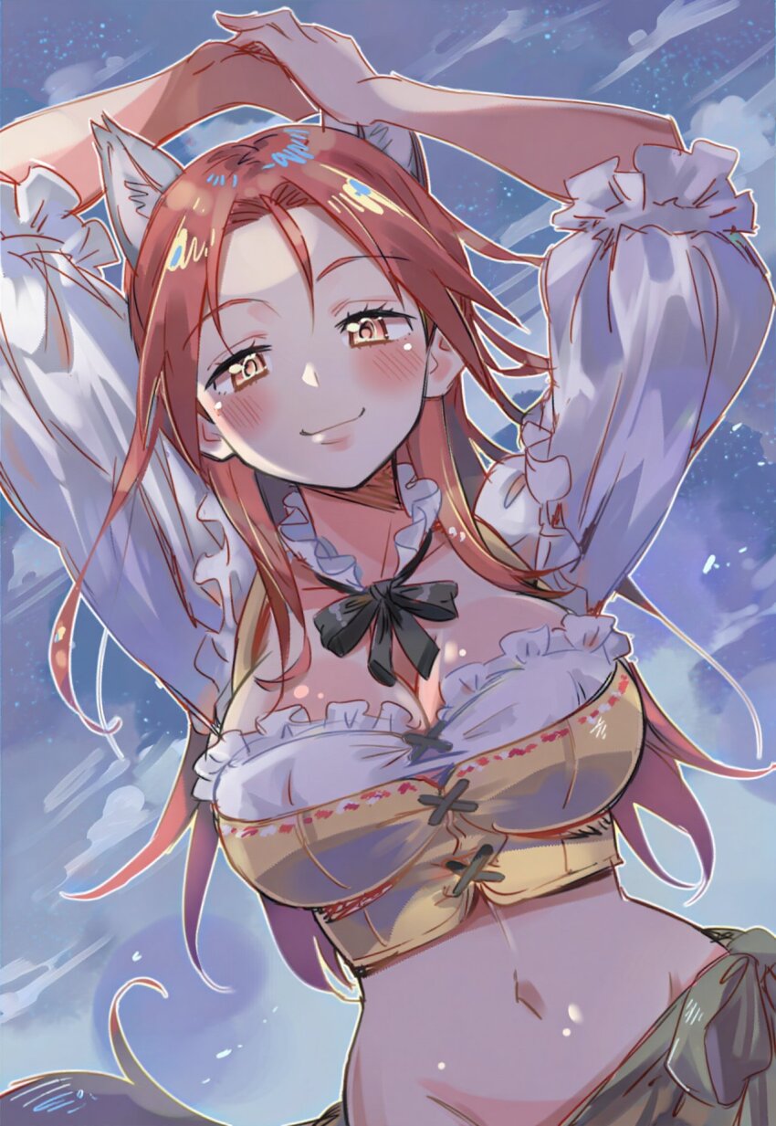 1girl alternate_costume alternate_eye_color animal_ears blush breasts dirndl ga-006 german_clothes hands_up highres large_breasts lederhosen looking_at_viewer minna-dietlinde_wilcke navel outdoors red_hair smile solo standing strike_witches tail wolf_ears wolf_girl wolf_tail world_witches_series yellow_eyes