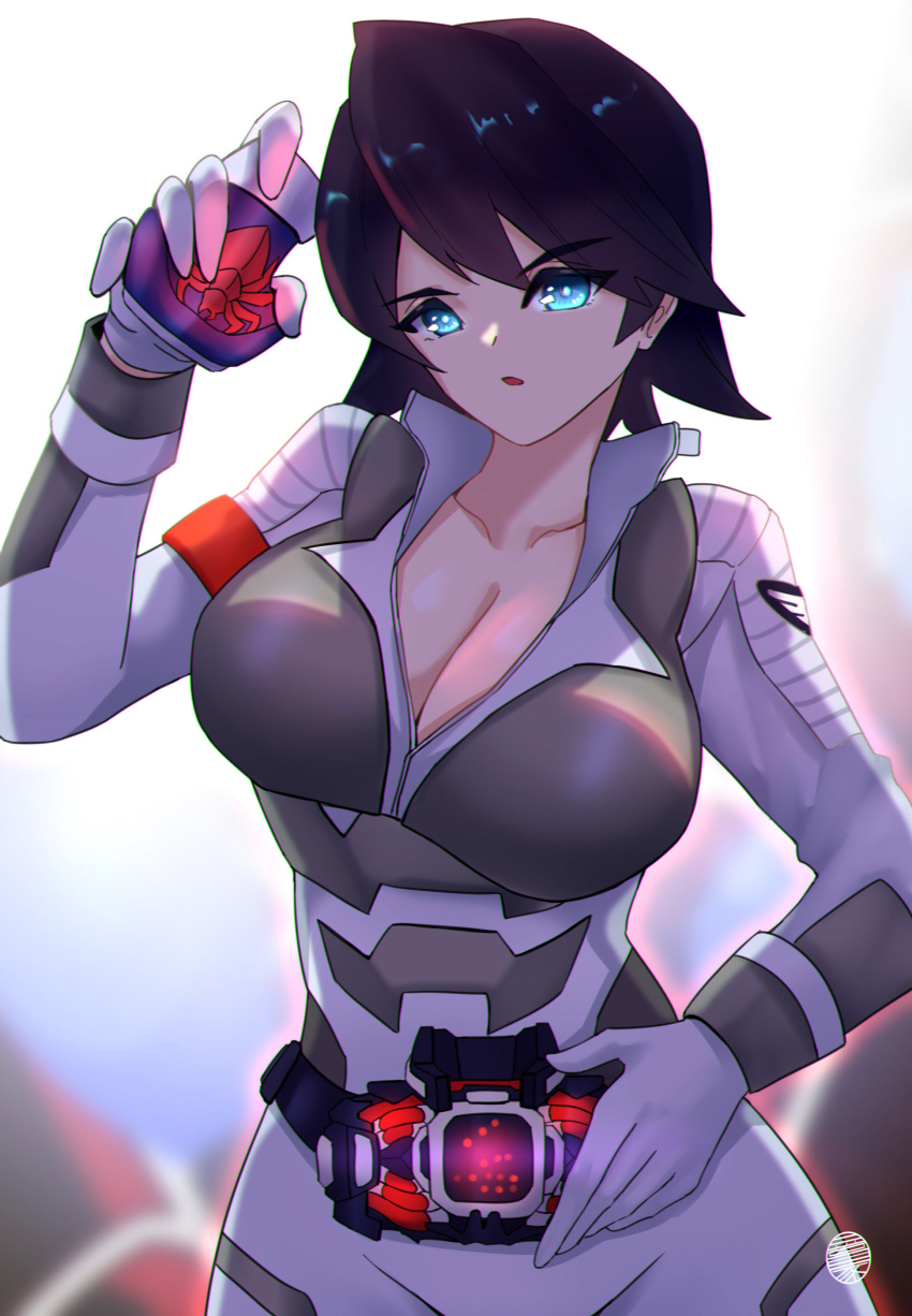 1girl :o absurdres armband blue_eyes breasts cleavage demons_driver fenix_uniform genderswap genderswap_(mtf) gloves glowing henshin highres jrpulse kadota_hiromi kamen_rider kamen_rider_revice large_breasts military spider_genome thighs tokusatsu transformation vistamp white_gloves