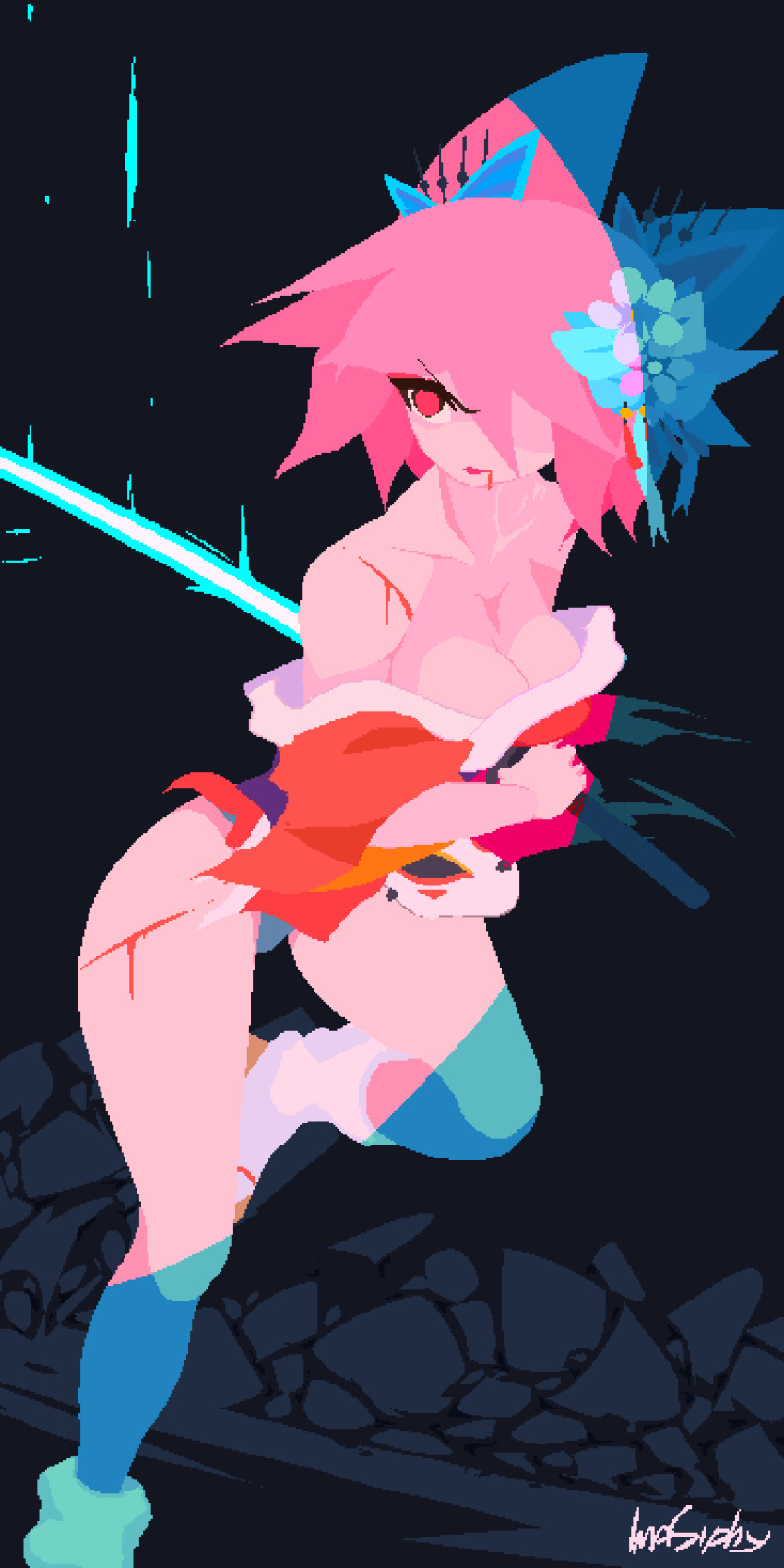 1girl absurdres animated animated_gif artist_name bare_hips bare_shoulders blinking blood breasts cuts dark_background energy_sword flower fox_mask geta hair_flower hair_ornament hair_over_one_eye highres holding holding_sword holding_weapon imasiphy injury japanese_clothes kimono large_breasts mask medium_hair original pink_hair pixel_art red_eyes revealing_clothes short_kimono signature simple_background socks solo sword tabi torn_clothes weapon white_socks