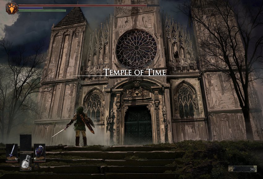 1boy absurdres bare_tree boots building cloud cloudy_sky crossover dark_souls_(series) dark_souls_i estus_flask from_behind gameplay_mechanics gazedsoul gloves green_headwear green_shirt heads-up_display health_bar highres holding holding_shield holding_sword holding_weapon hylian_shield link master_sword nintendo revision scenery shield shirt sky solo stairs standing sword temple temple_of_time the_legend_of_zelda tree triforce_print user_interface weapon