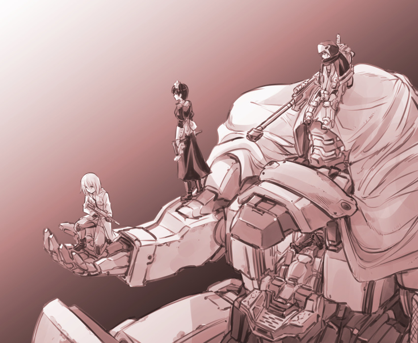 3girls android apron blau_(mechanical_buddy_universe) cape cloak coat commentary diva_duo_(mechanical_buddy_universe) dual_wielding gun hair_between_eyes handgun hawk_(mechanical_buddy_universe) hawkeyes_(mechanical_buddy_universe) highres holding holding_gun holding_weapon hood hooded_cape hooded_cloak hooded_coat jukebox_(mechanical_buddy_universe) kato_takuji kneeling long_skirt long_sleeves maid maid_apron maid_headdress mechanical_buddy_universe monochrome multiple_girls neck_ribbon overcoat pistol power_suit ribbon rifle science_fiction sepia short_hair shu_(mechanical_buddy_universe) skirt sniper_rifle submachine_gun weapon