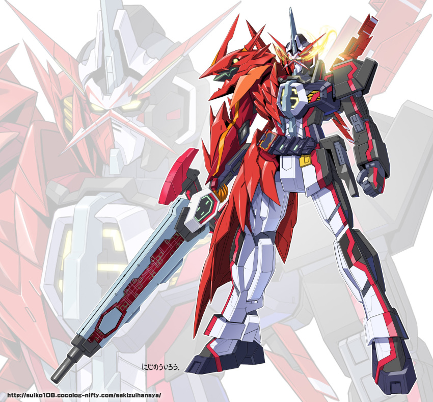 artist_name crossover gundam gundam_age gundam_age-1 highres holding holding_sword holding_weapon kamen_rider kamen_rider_saber kamen_rider_saber_(series) mecha no_humans robot solo sword watermark weapon web_address yanagi_joe zoom_layer