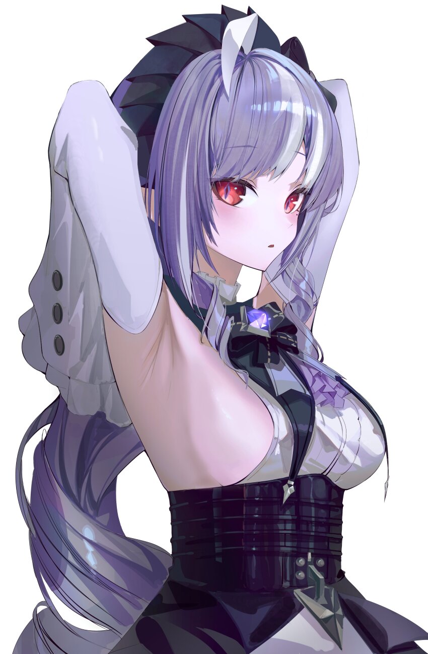 1girl absurdres armpits arms_up ascot black_corset black_hairband blush breasts center_frills corset detached_sleeves diamond-shaped_pupils diamond_(shape) drill_hair frills from_side gem hairband highres long_hair medium_breasts mole mole_under_eye multicolored_hair nn11 parted_lips pointy_ears purple_ascot purple_gemstone purple_hair red_eyes shirt sideboob sleeveless sleeveless_shirt solo streaked_hair symbol-shaped_pupils upper_body vivian_banshee white_hair white_sleeves zenless_zone_zero