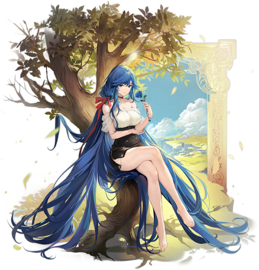 1girl absurdly_long_hair autumn_leaves azur_lane bare_shoulders barefoot biloxi_(azur_lane) biloxi_(romeo_or_juliet?)_(azur_lane) black_skirt blue_eyes blue_flower blue_hair blue_rose blue_sky breasts cloud criss-cross_halter crossed_legs flower full_body hair_ribbon halterneck high-waist_skirt highres holding holding_flower large_breasts leaf legs long_hair looking_at_viewer off-shoulder_shirt off_shoulder official_alternate_costume official_art outdoors pavapo red_ribbon ribbon rose see-through_clothes see-through_sleeves shirt sitting skirt sky solo transparent_background tree very_long_hair