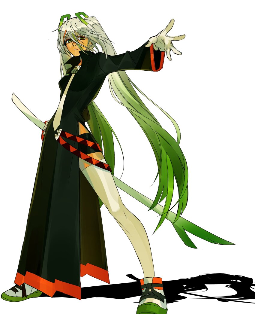 1girl absurdres black_coat borcheim coat commentary english_commentary fighting_miku_(project_voltage) full_body gradient_hair green_eyes green_hair hair_between_eyes hatsune_miku highres holding holding_sword holding_weapon long_hair looking_at_viewer multicolored_hair nintendo outstretched_arm pokemon project_voltage simple_background solo sword thighhighs twintails two-tone_hair very_long_hair vocaloid weapon white_background white_hair white_thighhighs