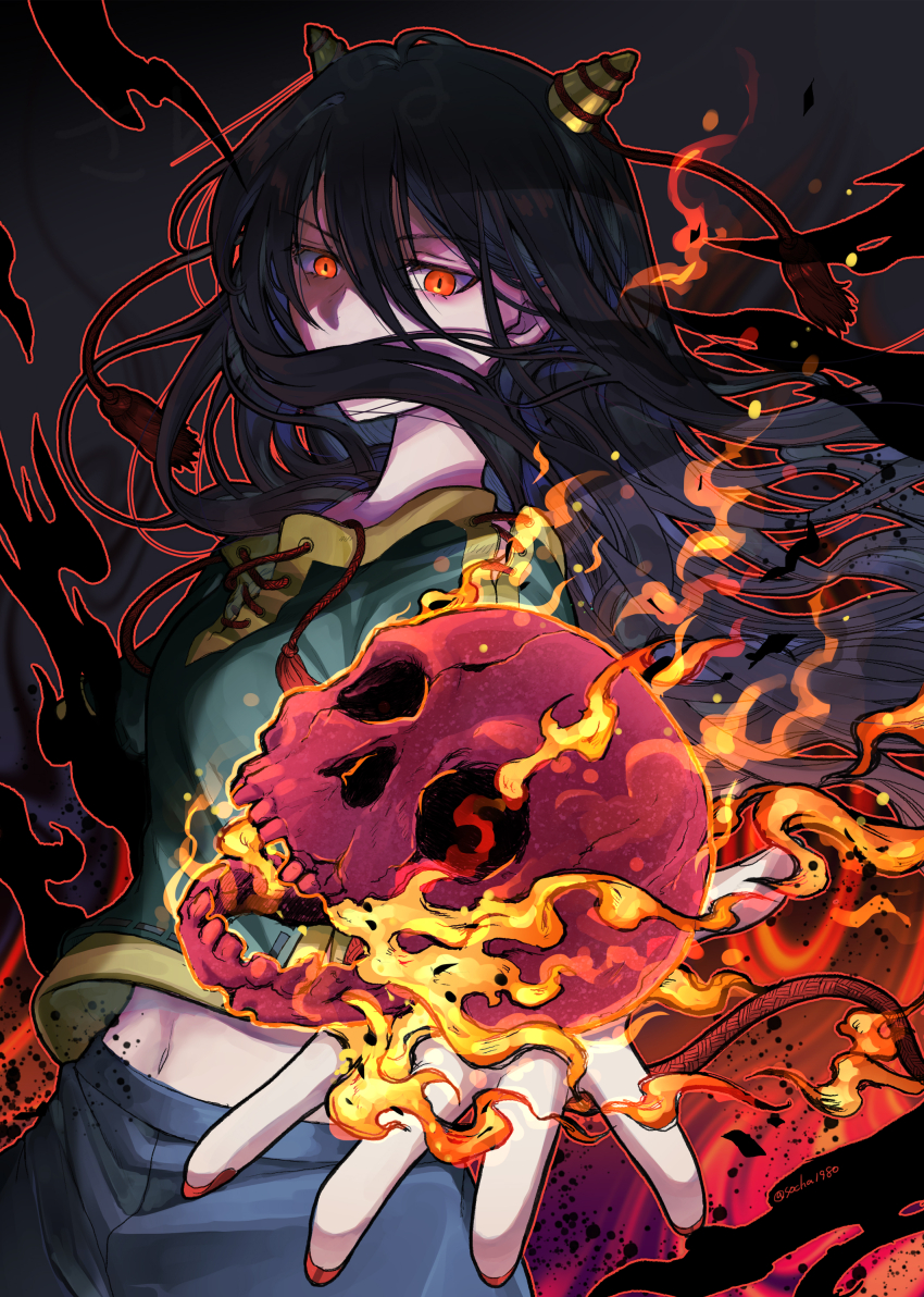 1girl absurdres black_background black_hair blue_pants commentary_request cowboy_shot fire flaming_skull floating_hair green_shirt hair_between_eyes hair_over_mouth highres holding holding_skull horn_ornament horn_ribbon horns long_hair midriff_peek nippaku_zanmu outline outstretched_arms pants red_eyes red_nails red_outline ribbon shirt skull socha solo touhou very_long_hair