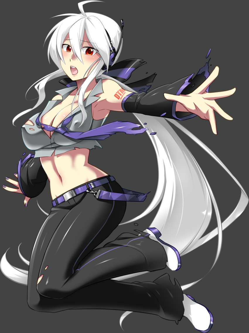 1girl blouse breasts caffein cleavage covered_erect_nipples detached_sleeves female_focus grey_shirt highres large_breasts long_hair midriff nail_polish navel necktie ponytail red_eyes shirt silver_hair solo torn_clothes very_long_hair vocaloid yowane_haku