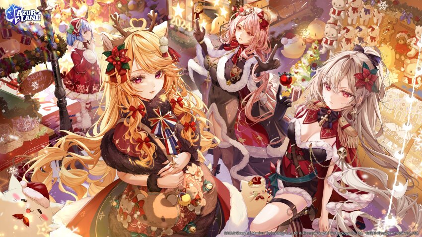 3girls 4girls ahoge alternate_costume animal_bag animal_ears antlers azur_lane bag basket bear_ears black_bow black_bowtie black_cape black_capelet black_dress black_footwear black_gloves black_shorts black_thighhighs blonde_hair blue_hair boots bow bowtie box breasts candy candy_cane cape capelet chain christmas christmas_ornaments christmas_tree cleavage clemenceau_(azur_lane) closed_mouth commentary copyright_name cross cross_earrings cross_necklace crown dress drill_hair earrings english_commentary epaulettes eyelashes fake_animal_ears fake_antlers feather_boa feet_out_of_frame flag_print flower food framed_breasts french_flag french_flag_print frown fur-trimmed_cape fur-trimmed_capelet fur-trimmed_dress fur-trimmed_shorts fur-trimmed_thighhighs fur_boots fur_trim gascogne_(azur_lane) gem gift gift_box gingerbread_house gloves grey_hair hair_between_eyes hair_bow hair_flower hair_ornament hair_ribbon hand_to_own_mouth handbag hat heart heart_ahoge high_heel_boots high_heels highres horns isari_sensei jean_bart_(azur_lane) jewelry logo long_hair looking_at_viewer manjuu_(azur_lane) medium_breasts meowfficer_(azur_lane) mini_crown multiple_girls necklace official_art parted_lips pink_hair pom_pom_(clothes) pom_pom_hair_ornament ponytail purple_eyes red_bow red_dress red_eyes red_gemstone reindeer_antlers ribbon richelieu_(azur_lane) santa_costume santa_dress santa_hat second-party_source short_hair short_shorts shorts skull_ornament smile snowflakes snowing standing standing_on_one_leg star_(symbol) striped_ribbon stuffed_animal stuffed_toy swept_bangs teddy_bear thigh_strap thighhighs tilted_headwear tress_ribbon underbust watermark white_footwear wrist_cuffs
