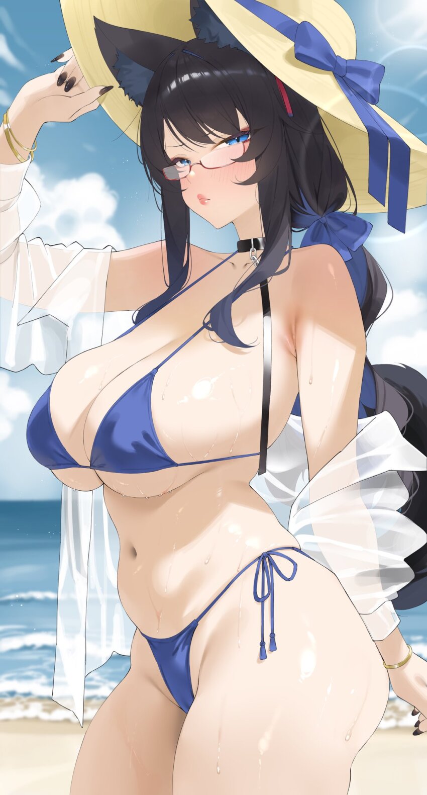 1girl animal_ear_fluff animal_ears bangle bare_shoulders beach bikini black_collar black_hair black_nails blue_bikini blue_bow blue_eyes blue_hair blurry blurry_background blush bow bracelet breasts byeon_dha cleavage closed_mouth collar collared_shirt colored_inner_hair commentary commission cowboy_shot day english_commentary from_side glasses gradient_hair hair_bow half-closed_eyes hand_on_headwear hat highleg highleg_bikini highres huge_breasts indie_virtual_youtuber jewelry leash lipstick low_ponytail makeup multicolored_hair nail_polish navel ocean off_shoulder open_clothes open_shirt outdoors ponytail red-framed_eyewear red_lips second-party_source see-through_clothes semi-rimless_eyewear shiny_skin shirt shore side-tie_bikini_bottom solo standing stomach string_bikini sun_hat swimsuit tail two-tone_hair under-rim_eyewear underboob very_long_fingernails virtual_youtuber water_drop wet white_shirt wolf_ears wolf_girl wolf_tail