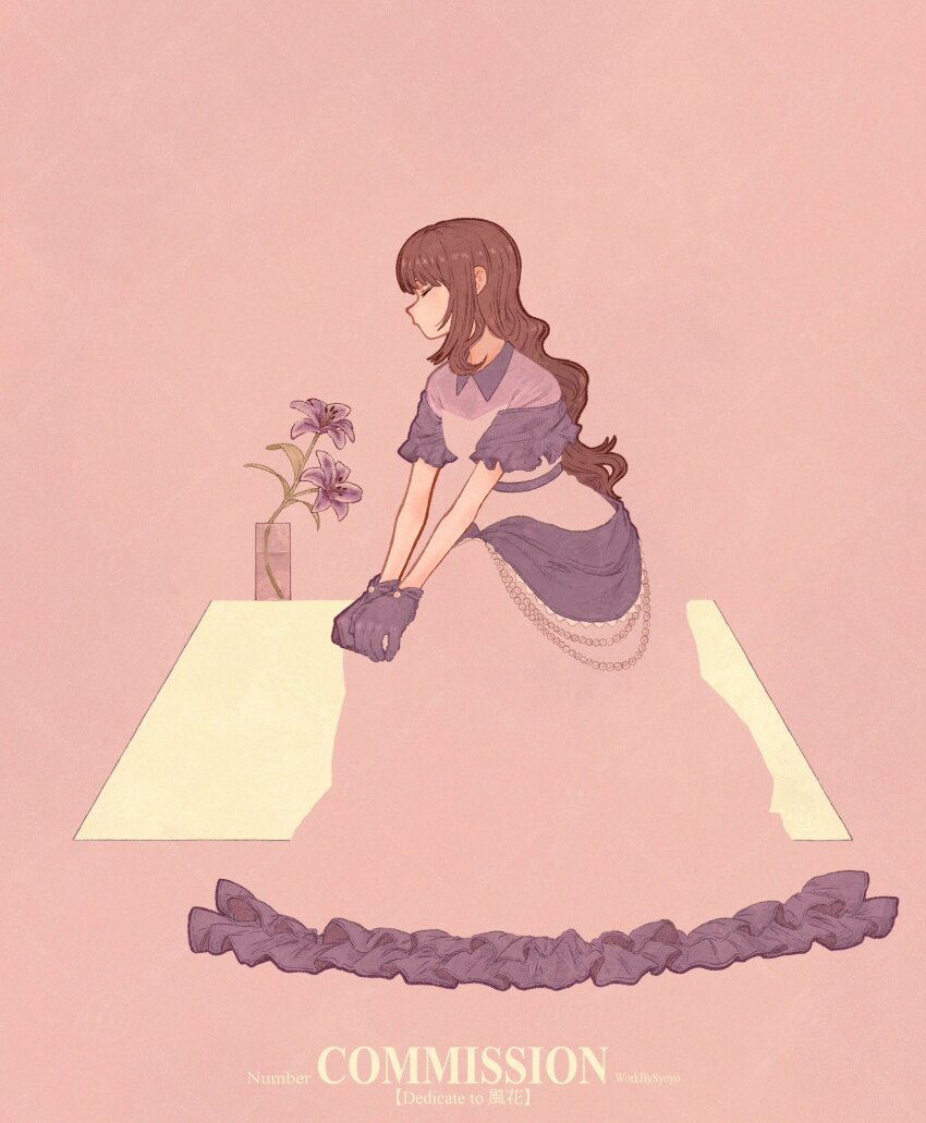 1girl blending brown_hair closed_eyes commission dress english_text flower gloves hands_on_own_knees highres leaf long_hair original pink_background pink_dress plant profile purple_flower purple_gloves short_sleeves sitting solo syooooyoooo