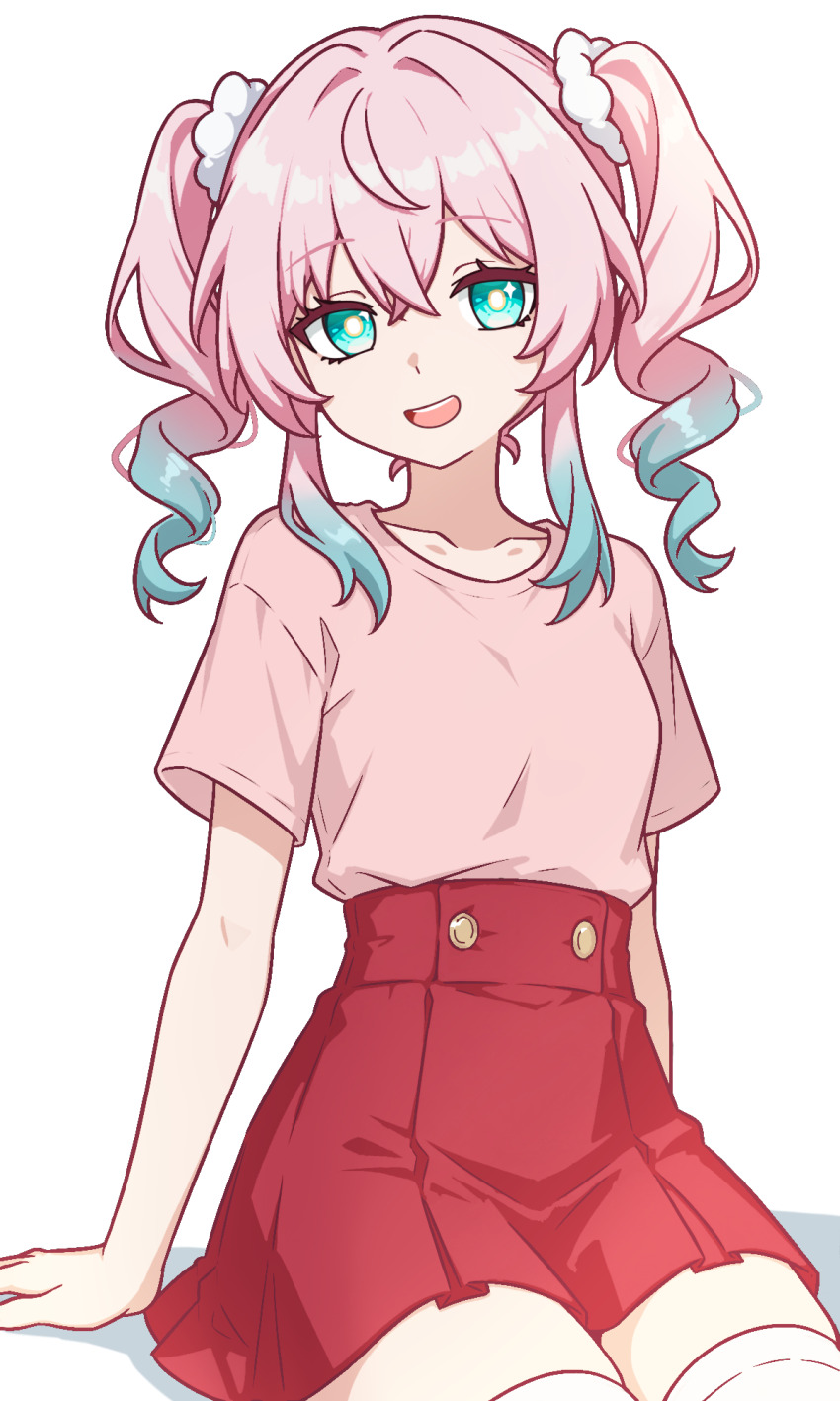 1girl :d aqua_eyes aqua_hair bright_pupils commentary drill_hair english_commentary highres honkai:_star_rail honkai_(series) hyacine_(honkai:_star_rail) looking_at_viewer miniskirt open_mouth pink_hair pink_shirt prickly-chan_(ycactussprout) red_skirt shirt short_sleeves simple_background sitting skirt smile solo thighhighs twin_drills twintails white_background white_pupils white_thighhighs