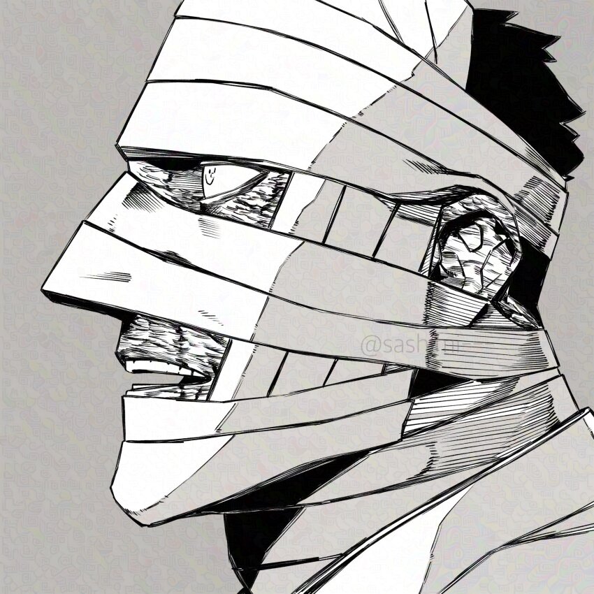 1boy bandaged_head bandages boku_no_hero_academia burn_scar endeavor_(boku_no_hero_academia) facial_hair greyscale highres male_focus mature_male monochrome portrait profile sanpaku sashimi_oran scar scars_all_over short_hair sideburns sideburns_stubble solo spiked_hair spoilers stubble talking too_many tsurime