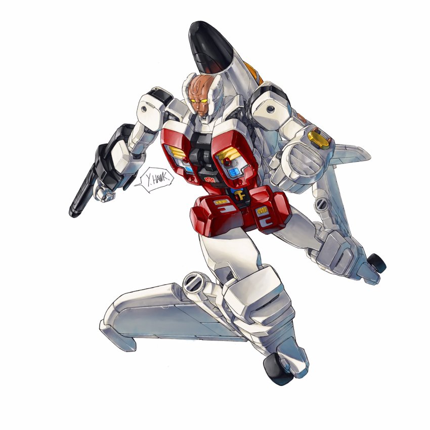 1boy arm_cannon clenched_hand highres looking_down mecha no_humans robot science_fiction shirt slingshot_(transformers) solo transformers weapon white_background white_shirt yellow_eyes yinghawk