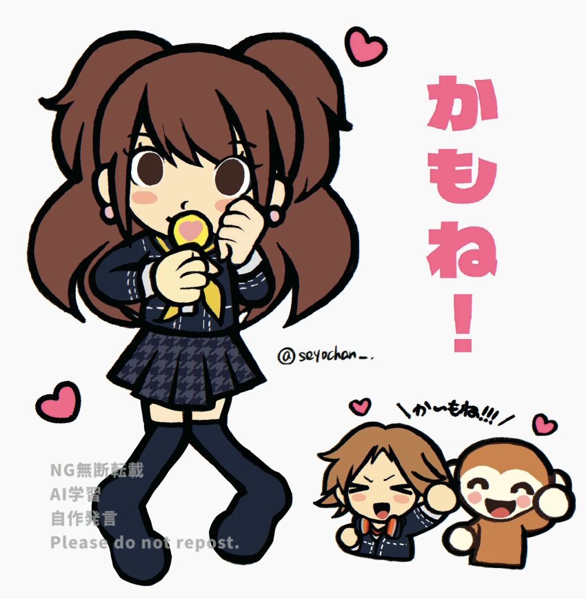 &gt;_&lt; 1girl ^_^ brown_eyes brown_hair closed_eyes earrings hanamura_yousuke highres holding holding_microphone jewelry kujikawa_rise looking_at_viewer microphone monkey_(rhythm_tengoku) open_mouth parody persona persona_4 rhythm_tengoku school_uniform seyochan twintails yasogami_school_uniform