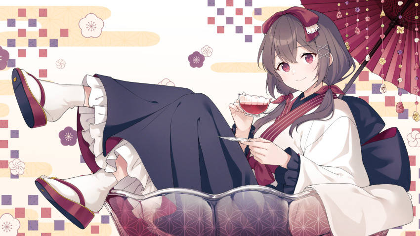 1girl back_bow black_bow black_skirt bow brown_hair commission cup e_(eokiba) floral_background frilled_skirt frills hair_ornament hair_ribbon highres holding holding_cup holding_saucer japanese_clothes kimono kosode long_hair low_twintails oil-paper_umbrella okobo original platform_sandals red_eyes red_ribbon red_sandals ribbon sandals saucer skeb_commission skirt socks solo tabi teacup twintails umbrella white_socks x_hair_ornament