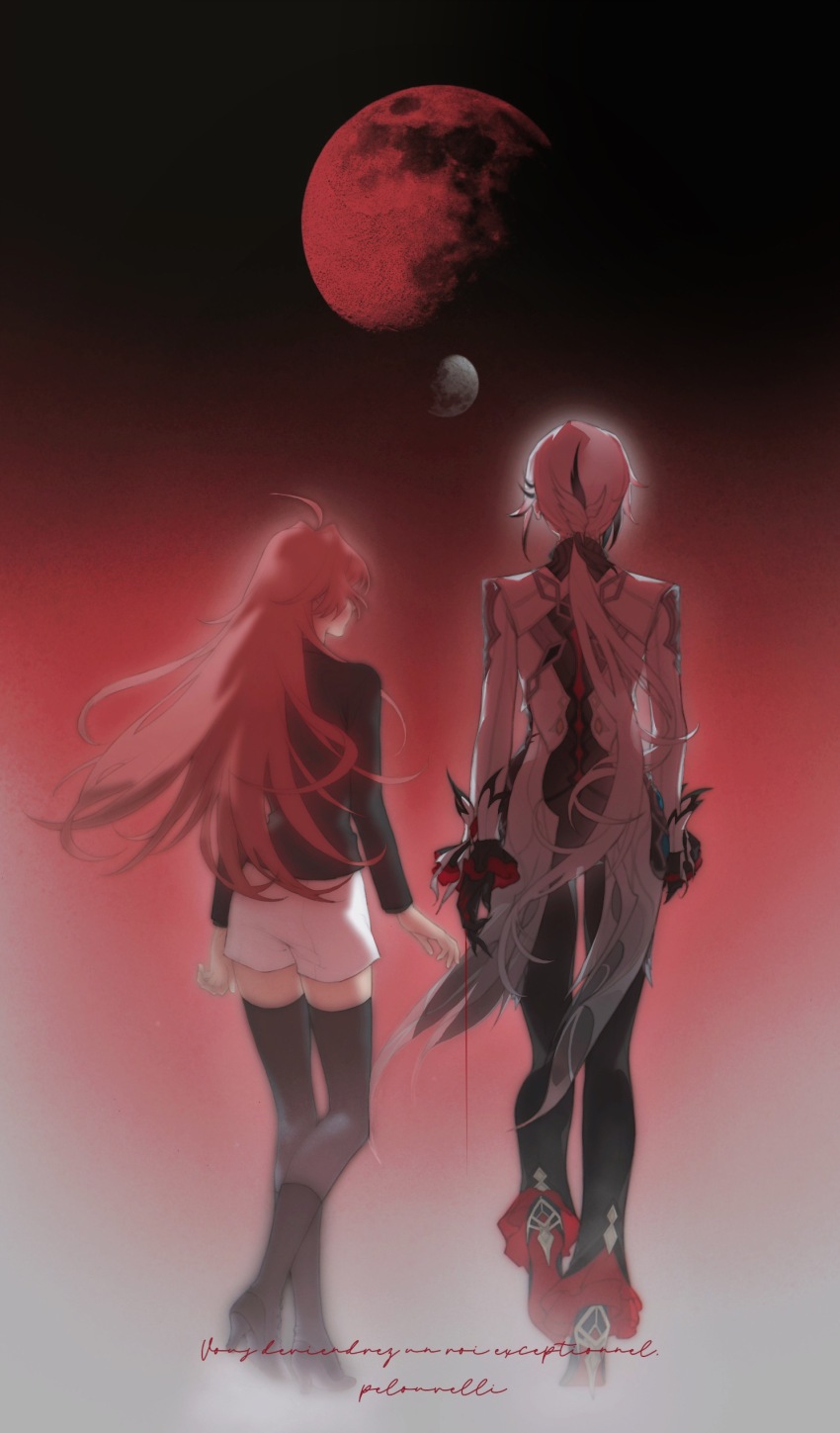 2girls absurdres ahoge arlecchino_(genshin_impact) back black_bow black_footwear black_jacket black_pants black_thighhighs blurry blurry_foreground bow chinese_commentary clervie_(genshin_impact) collared_jacket colored_skin couple cursive fingernails frilled_pants frills from_behind genshin_impact gradient_background grey_hair grey_jacket hair_bow high_heels highres huge_ahoge jacket long_hair long_sleeves low_ponytail moon multicolored_background multicolored_hair multicolored_skin multiple_girls pants pink_hair ponytail red_background red_moon sharp_fingernails short_shorts shorts standing streaked_hair suit_jacket thighhighs two-tone_hair two-tone_skin white_shorts xinjinjumin622842979226 yuri