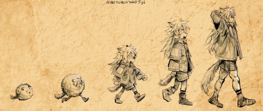 3girls animal_ears arknights arms_behind_back blob chibi evolutionary_line full_body jacket joke lappdumb_(meme) lappland_(arknights) long_hair meme messy_hair monochrome multiple_girls mutomorokoshi running sheep tail walking wolf_ears wolf_girl wolf_tail