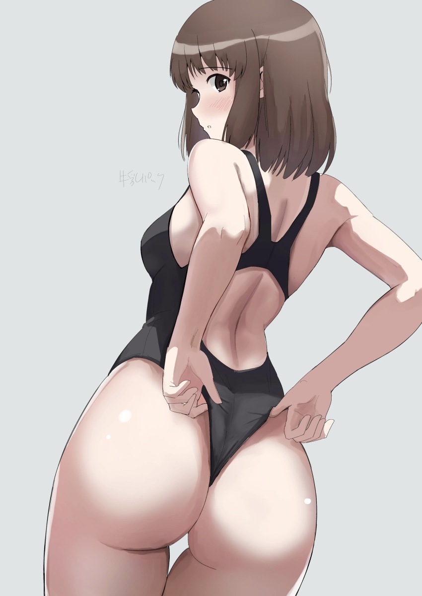 1girl absurdres adjusting_clothes adjusting_swimsuit amagami ass ass_focus black_one-piece_swimsuit blush brown_hair competition_swimsuit grey_background gyuunyuu_pack_(tanaka) highleg highleg_one-piece_swimsuit highres looking_at_viewer looking_back one-piece_swimsuit racerback short_hair signature simple_background solo spine swimsuit tanaka_keiko_(amagami) thigh_gap wedgie