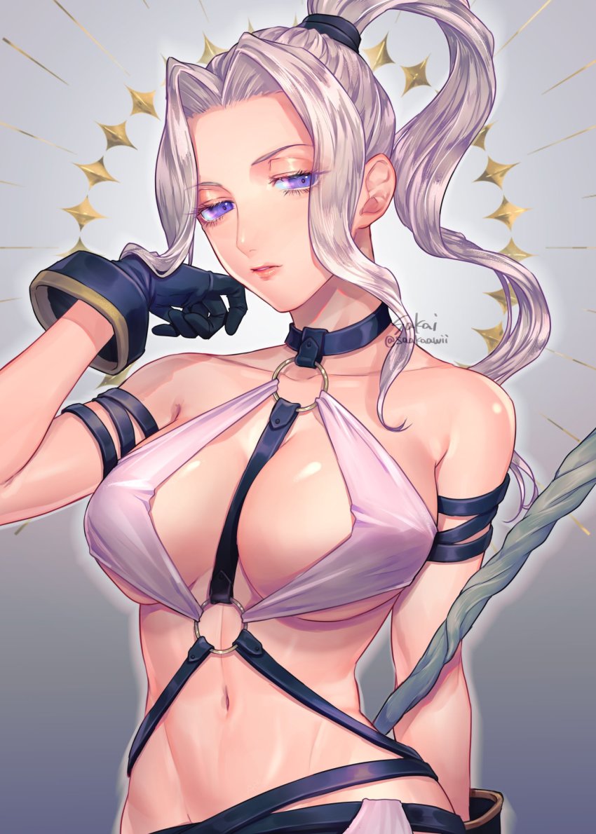 1girl breasts closed_mouth dress gensou_suikoden gloves high_ponytail highres jeane_(suikoden) jewelry large_breasts long_hair looking_at_viewer navel ponytail revealing_clothes sakai_(motomei) silver_hair simple_background solo