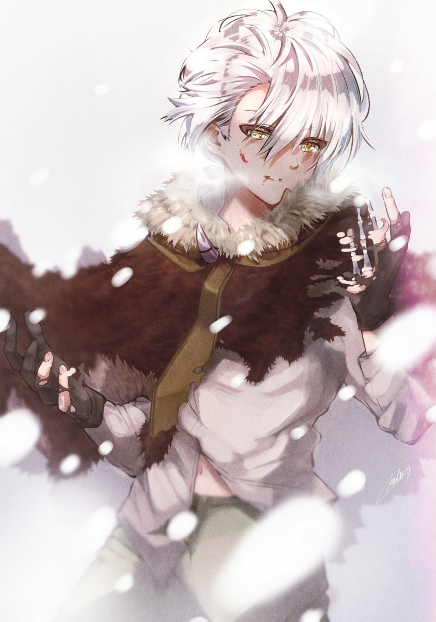 1boy black_gloves bone cowboy_shot fumetsu_no_anata_e fushi gloves green_pants hair_between_eyes highres long_sleeves mar0maru navel pants shadow shirt short_hair snow solo white_background white_hair white_shirt yellow_eyes