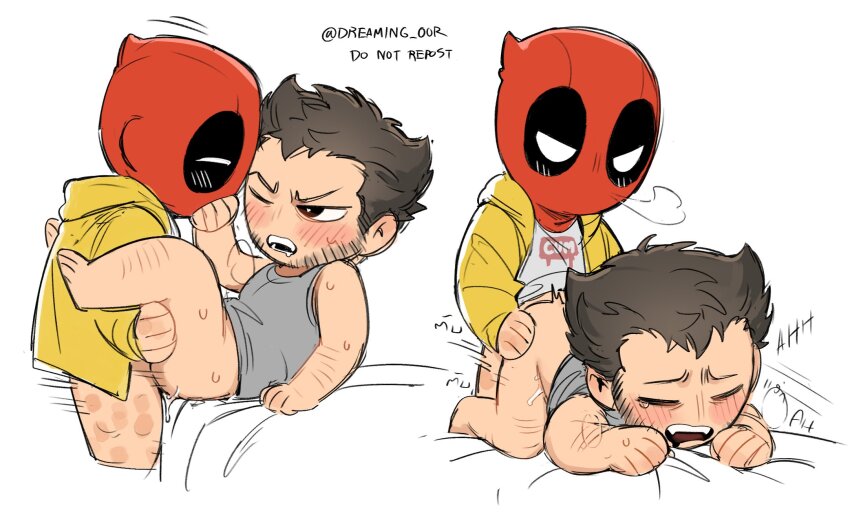 2boys arm_hair ass beard blush bottomless brown_hair chibi closed_eyes couple deadpool deadpool_&amp;_wolverine deadpool_(series) doggystyle dreaming_oor facial_hair highres male_focus marvel marvel_cinematic_universe mask motion_lines multiple_boys one_eye_closed open_mouth red_mask scar scars_all_over sex sex_from_behind shirt short_hair sweat tank_top teeth too_many wolverine_(x-men) x-men yaoi