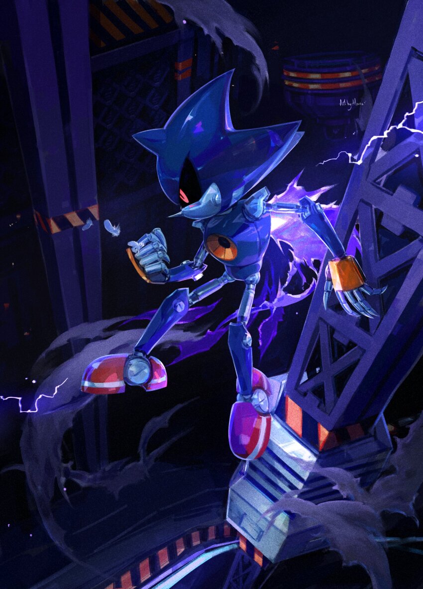 1boy absurdres armor artist_name black_sclera blue_armor blue_feathers by_almaz clenched_hand colored_sclera electricity feathers flying full_body highres humanoid_robot joints looking_to_the_side male_focus mechanical_arms mechanical_hands mechanical_legs metal_sonic no_mouth pointy_nose red_eyes red_shoes reflective_surface robot robot_joints science_fiction shoes slit_pupils smoke smoke_trail solo sonic_(series) spiked_hair thrusters