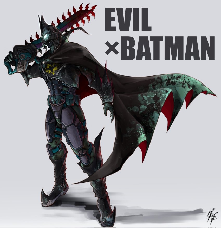 1boy armor batman batman_(series) cape chainsword commentary_request cowl dc_comics english_text full_body fusion gauntlets glowing glowing_eyes helmet highres holding holding_weapon kamen_rider kamen_rider_evil kamen_rider_revice signature simple_background solo weapon zagizagi zipper