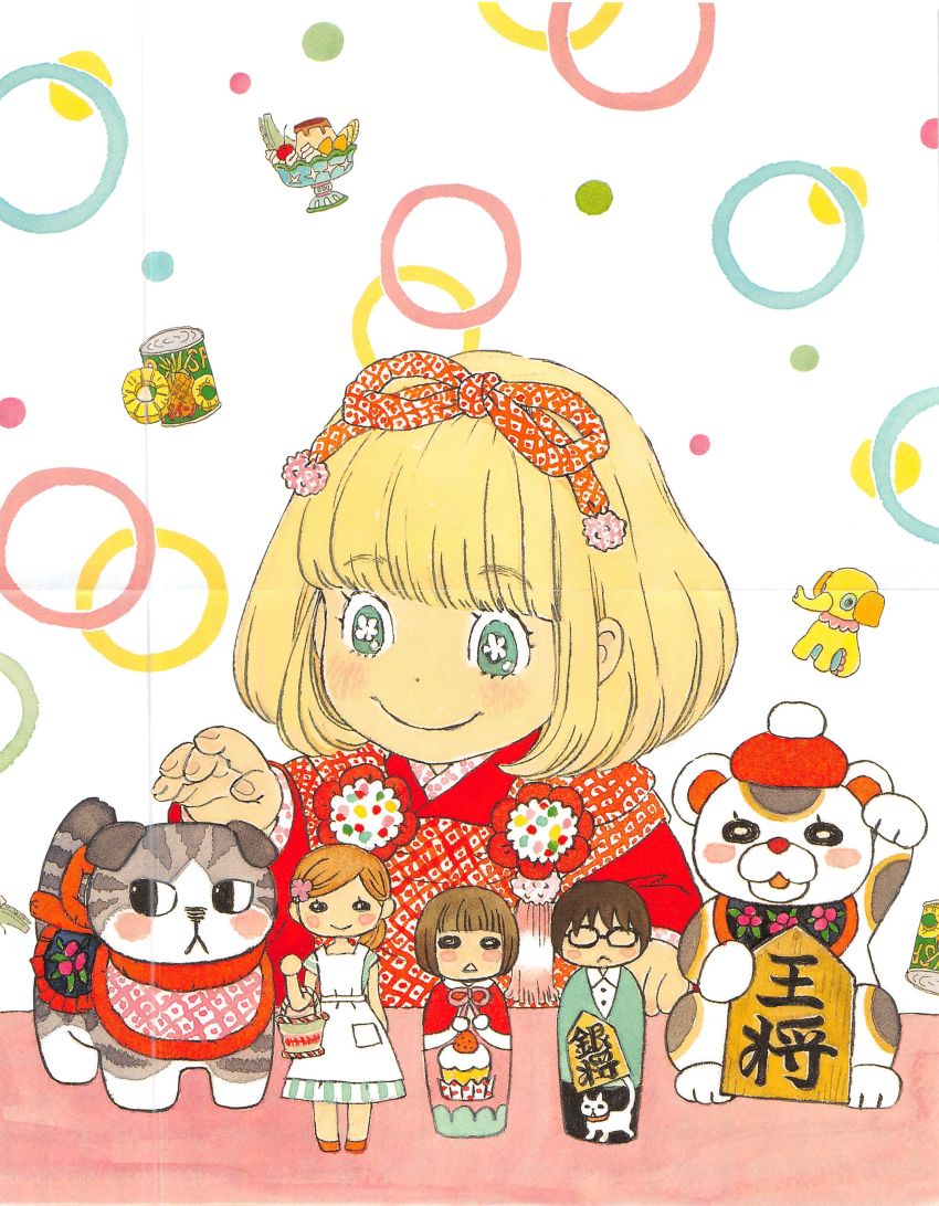 1girl :&lt; :o absurdres animal apron aqua_sweater basket black-framed_eyewear black_eyes black_hair blonde_hair blue_dress blunt_bangs blush blush_stickers board_game bob_cut bowl_cut brown_hair bubble bubble_background can cat character_doll cherry child closed_mouth collared_shirt colorful cream cup doll dot_nose dress dress_shirt elephant female_focus fingernails flower flower-shaped_pupils food fruit glasses green_eyes hair_flower hair_ornament hair_ribbon hairclip hand_up happy highres ice_cream ice_cream_cup japanese_clothes kawamoto_akari kawamoto_hinata kawamoto_momo kiriyama_rei looking_down matryoshka_doll multicolored_background official_art pineapple pineapple_slice pink_flower polka_dot polka_dot_background pudding red_ribbon ribbon sangatsu_no_lion shirt shogi shogi_piece side_ponytail simple_background smile solid_oval_eyes solo sweater symbol-shaped_pupils table toy umino_chika upper_body white_apron white_background white_shirt