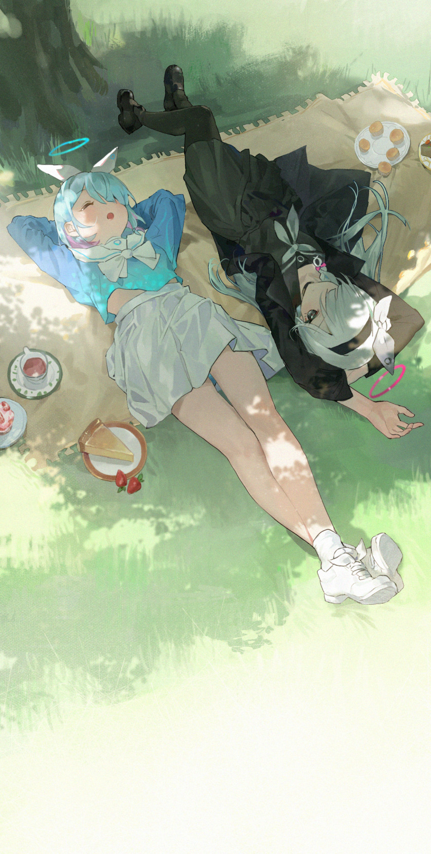 2girls ^_^ absurdres arms_behind_head arona_(blue_archive) bare_legs black_choker black_hairband black_pantyhose black_serafuku black_tea blue_archive blue_hair blue_shirt blush choker closed_eyes cup grass grey_hair hair_over_one_eye hairband halo highres looking_at_viewer lying midriff_peek monky multicolored_hair multiple_girls on_back one_eye_covered outdoors pantyhose pink_hair plana_(blue_archive) pleated_skirt saucer school_uniform serafuku shirt shoes skirt sneakers tea teacup two-tone_hair upside-down white_choker white_skirt