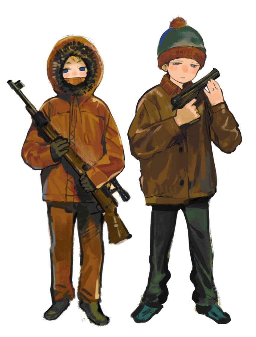 2boys assault_rifle black_hair black_pants black_shoes blonde_hair blue_eyes blue_hat blue_shoes blush brown_jacket buttons closed_mouth commentary cuf_nayl full_body fur-trimmed_hood fur_trim gun half-closed_eyes handgun hands_up hat highres holding holding_gun holding_weapon hood hooded_jacket jacket kenny_mccormick long_sleeves looking_at_viewer male_focus multiple_boys orange_jacket orange_pants pants pom_pom_(clothes) puffy_long_sleeves puffy_sleeves rifle shoes short_hair simple_background south_park stan_marsh standing symbol-only_commentary weapon white_background