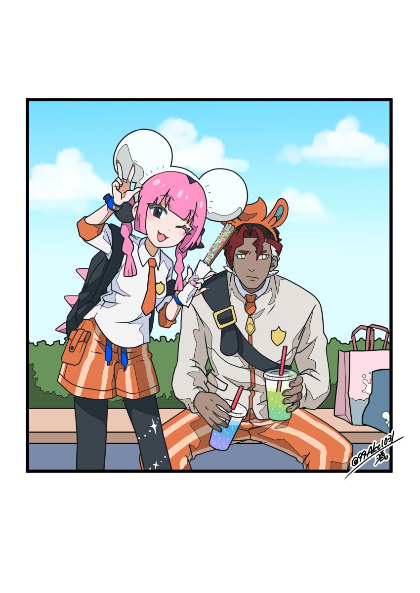 1boy 1girl 99akt1031 ;d absurdres animal_ears bag black_eyes black_pantyhose blunt_bangs cloud collared_shirt coral_(pokemon) cup day disposable_cup eyelashes fang grey_jacket hairband highres holding holding_cup jacket looking_at_viewer necktie nintendo one_eye_closed open_mouth orange_necktie orange_pants orange_shorts outdoors pants pantyhose pink_hair pokemon pokemon_(anime) pokemon_horizons school_uniform shirt shorts sidian_(pokemon) sky smile standing twintails w white_shirt