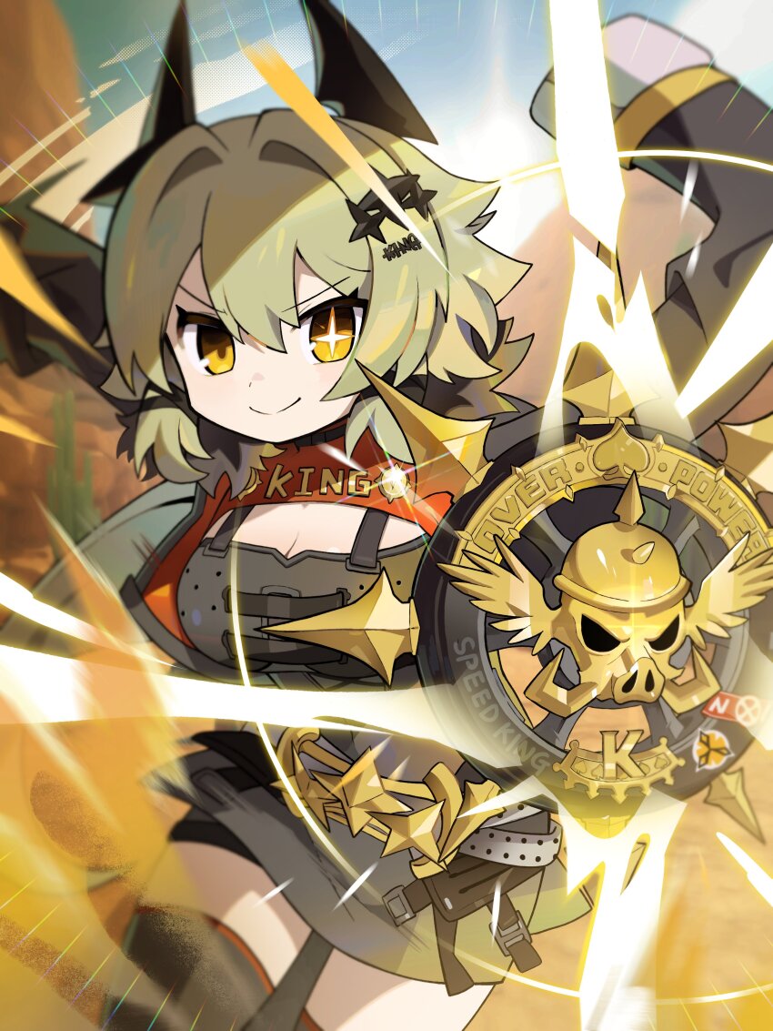 1girl absurdres belt black_coat black_dress black_thighhighs breasts caesar_king_(zenless_zone_zero) cleavage closed_mouth coat coat_on_shoulders dress glint hair_intakes hair_ornament highres holding holding_shield horns looking_at_viewer medium_breasts morizo_(morizoshop) shield short_dress short_hair smile solo thighhighs v-shaped_eyebrows yellow_eyes zenless_zone_zero