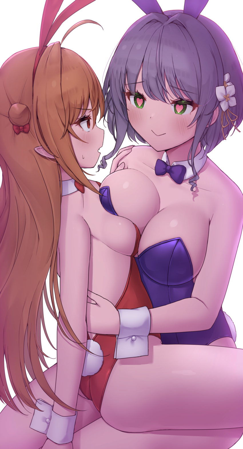 absurdres animal_ears ass backless_leotard bare_shoulders blonde_hair blue_bow blue_bowtie blue_hair blue_leotard blush bow bowtie breasts breasts_squeezed_together collarbone detached_collar fake_animal_ears fake_tail female_pervert flower green_eyes hair_between_eyes hair_bun hair_flower hair_intakes hair_ornament hand_on_another&#039;s_back hand_on_another&#039;s_shoulder heart heart-shaped_pupils highleg highleg_leotard highres hikikomari_kyuuketsuki_no_monmon large_breasts leotard long_hair pervert playboy_bunny pointy_ears rabbit_ears rabbit_tail red_bow red_bowtie red_eyes red_leotard short_hair sidelocks sitting sitting_on_lap sitting_on_person small_breasts strapless strapless_leotard sweatdrop symbol-shaped_pupils tail terakomari_gandezblood thighs user_tyad4272 villhaze white_background white_flower white_wrist_cuffs wrist_cuffs yuri