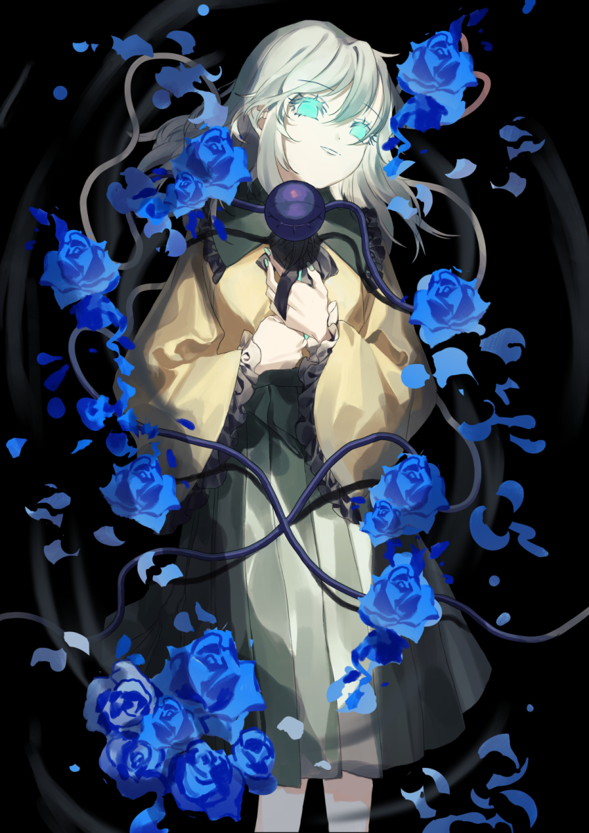 1girl ama_asagi black_bow black_bowtie blouse blue_flower blue_rose bow bowtie closed_mouth commentary dot_nose feet_out_of_frame fingernails flower frilled_shirt_collar frilled_sleeves frills green_eyes green_hair green_nails green_skirt hair_between_eyes hands_on_own_chest head_tilt highres komeiji_koishi long_sleeves medium_hair nail_polish no_headwear no_headwear petals rose rose_petals shirt skirt solo third_eye touhou wide_sleeves yellow_shirt