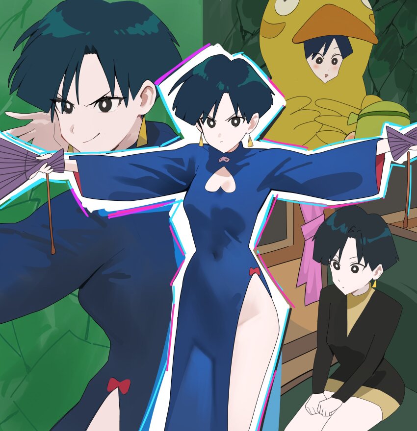 1girl absurdres black_eyes blue_dress blush china_dress chinese_clothes cleavage_cutout clothing_cutout commentary crayon_shin-chan dress duck_costume earrings fighting_stance green_background green_hair hand_fan heart_cutout highres holding holding_fan hood_(james_x) jewelry looking_at_viewer looking_to_the_side lulu_lu_lulu multiple_views no_panties office_lady pencil_skirt short_hair side_slit sitting skirt smile smug standing thigh_peek