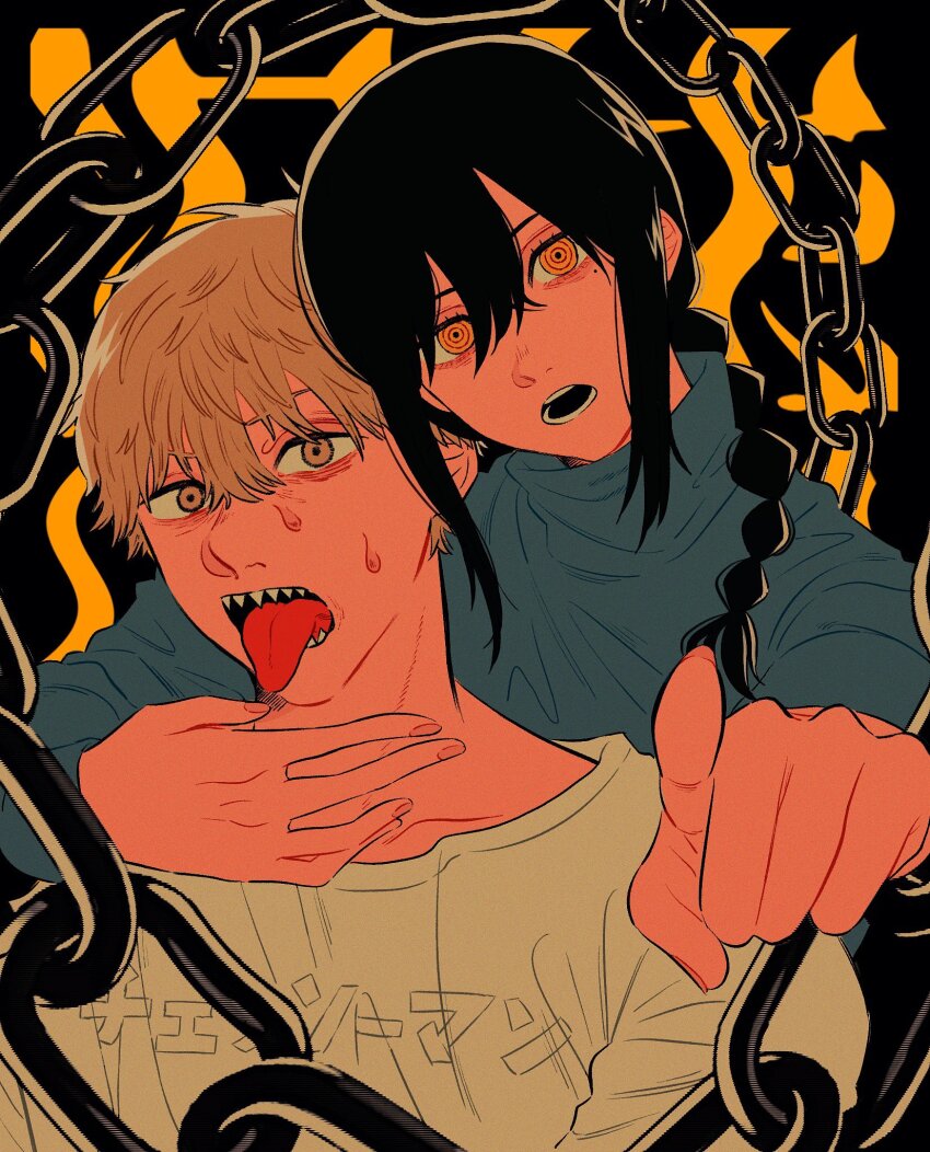 1boy 1girl black_hair blonde_hair blue_sweater braid braided_ponytail chain chainsaw_man denji_(chainsaw_man) hair_over_shoulder head_tilt highres llq9ull looking_at_viewer medium_hair mole mole_under_mouth nayuta_(chainsaw_man) open_mouth pointing pointing_at_viewer ringed_eyes sharp_teeth shirt short_hair sweat sweater teeth tongue tongue_out two-tone_background white_shirt yellow_eyes