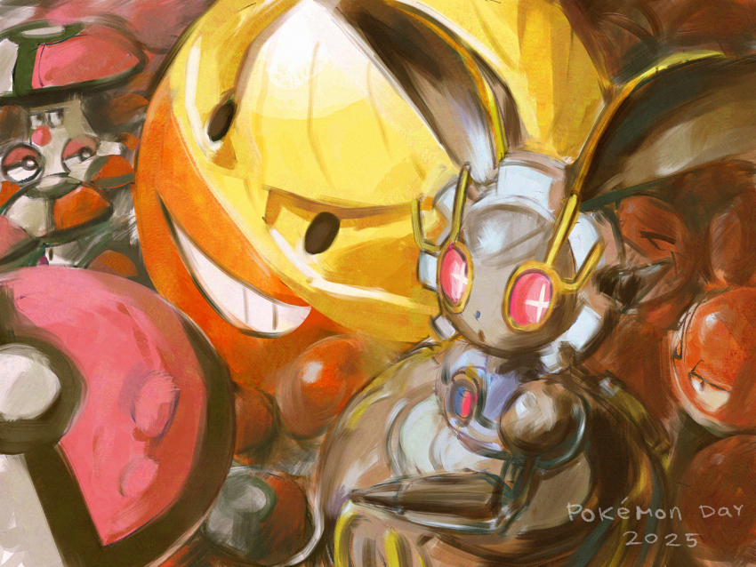+_+ :o amoonguss black_eyes commentary copyright_name foongus game_freak gen_1_pokemon gen_5_pokemon go-lurk grin hisuian_electrode looking_to_the_side nintendo open_mouth pink_eyes pokemon pokemon_(creature) pokemon_day pokemon_focus sideways_glance smile teeth voltorb