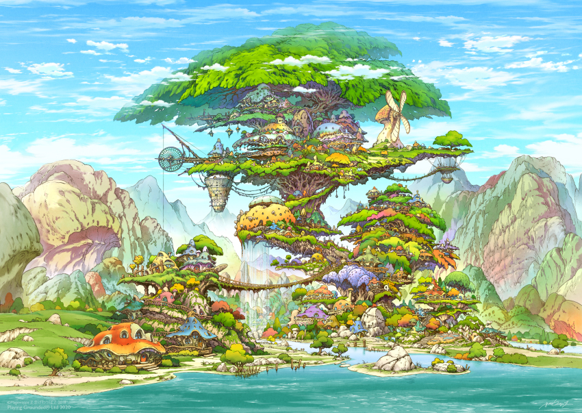 absurdres blue_sky border bridge building cloud commentary_request day fading_border fantasy field giant_tree hanging_bridge highres house magewappa_z mountain mountainous_horizon mushroom no_humans original outdoors path photoshop_(medium) revision river road rock scenery sky town tree water waterfall wheel windmill
