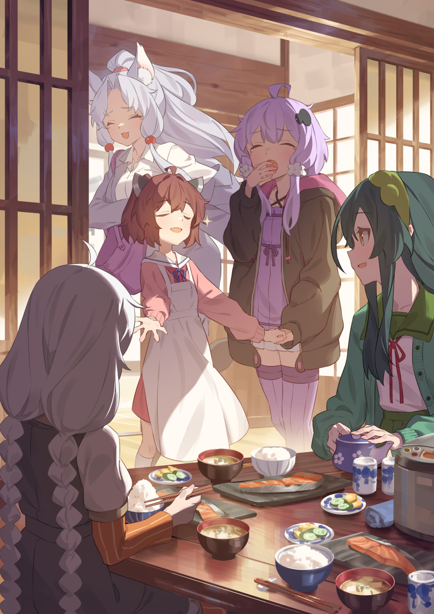 5girls ahoge alternate_costume animal_ears apron bag black_dress black_hoodie blush bowl braid breakfast cardigan chopsticks closed_mouth commentary_request covering_own_mouth criss-cross_halter cup curtained_hair dress dressing empire_waist fish_(food) floating_hair following fox_ears green_cardigan green_sailor_collar green_skirt halter_dress halterneck hand_over_own_mouth headgear high_ponytail highres holding holding_chopsticks holding_hands hood hood_down hoodie kizuna_akari long_hair looking_at_another low_twin_braids meal morning multiple_girls neck_ribbon office_lady open_cardigan open_clothes open_hoodie pinafore_dress ponytail purple_dress purple_hair purple_thighhighs red_ribbon red_skirt ribbon rice rice_bowl sailor_collar school_uniform serafuku shirt shirt_tucked_in short_dress short_hair short_hair_with_long_locks shoulder_bag siblings sisters skirt sleeveless sleeveless_dress smile sparkle teapot tearing_up thighhighs touhoku_itako touhoku_kiritan touhoku_zunko twin_braids voiceroid white_apron white_hair white_sailor_collar white_shirt yamamomo_(plank) yawning yellow_eyes yunomi yuzuki_yukari
