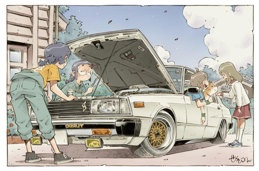 4girls ahoge animal bent_over black_footwear blue_footwear blue_shirt border braid building bush car cloud commission dog falling_leaves glasses grey_hair hair_ornament house jumpsuit jumpsuit_around_waist leaf low_twintails mechanic mirrored_text motor_vehicle multiple_girls nissan nissan_skyline nissan_skyline_ht2000_turbo_gt-e-s original outdoors purple_hair red_skirt round_eyewear sekihan shirt shoes short_twintails signature skeb_commission skirt socks twintails wheel white_border white_footwear wind wristband yellow_shirt