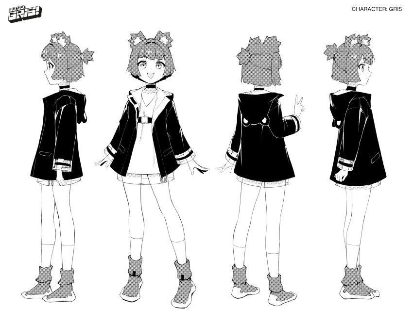 1girl :d a-pose animal_ear_hood animal_ears arms_at_sides arms_behind_back bear_ears blunt_bangs blunt_ends blunt_sidelocks bob_cut buckle character_name chest_belt choker clenched_hands closed_mouth coat collarbone collared_coat commentary concept_art contrapposto curled_fingers dithering double_vertical_stripe dress english_commentary english_text expressionless eyebrows_hidden_by_hair facing_away facing_to_the_side facing_viewer fake_animal_ears fang flat_chest from_behind from_side greyscale grin hair_intakes hair_tie half_updo hand_up head_tilt highres hood hood_down hooded_coat invisible_floor kneehighs leg_warmers legs_apart light_blush logo long_eyelashes long_sleeves looking_at_viewer monochrome multiple_expressions multiple_views open_clothes open_coat open_hands open_mouth original pocket ponytail profile raised_eyebrows raised_inner_eyebrows reference_sheet see-through_clothes see-through_skirt see-through_sleeves shoes short_dress short_hair short_ponytail sidelocks simple_background single_horizontal_stripe skirt slip-on_shoes smile snap-fit_buckle socks standing striped_blush thick_eyelashes thighs title turnaround underbust v v-neck vertigris white_background
