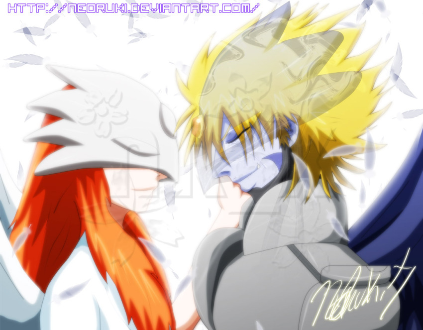 beelzebumon_(digimon_xros_wars) blonde_hair digimon digimon_(creature) goddess_(digimon_xros_wars) long_hair mask orange_hair short_hair wings